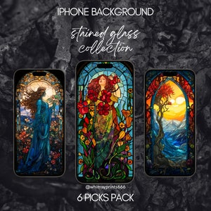 Magische Glasmalerei Smartphone iPhone Wallpaper Hintergrund Kollektion 6xSet Digital Download Fantasy Cottagecore Avalon IOS Android Vintage