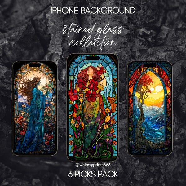 Magic Stained Glass Smartphone iPhone Wallpaper Background Collection 6xSet Digital Download Fantasy Cottagecore Avalon IOS Android Vintage