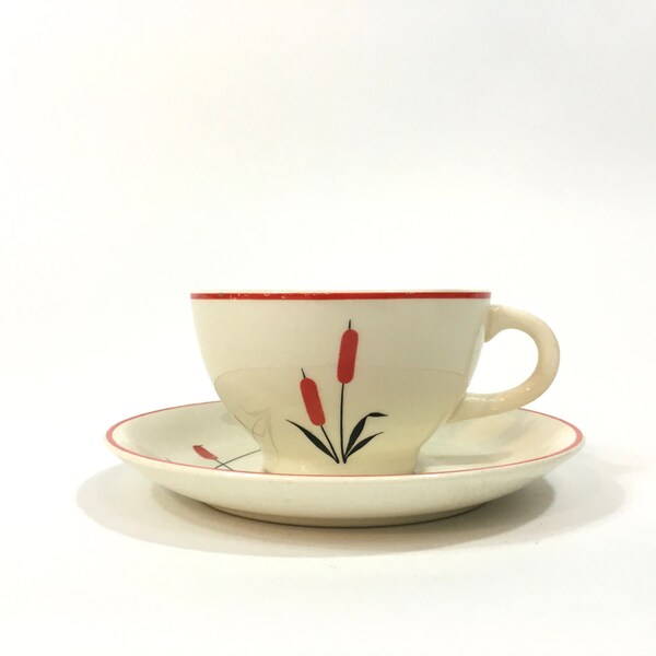 Cattail Cup and Saucer ~ Universal Pottery Cup and Saucer ~ Camwood Ivory Cambridge, Ohio Cup and Saucer Cattail Pattern