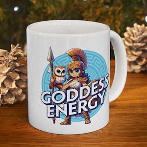 Cute Athena with Owl Goddess Energy Coffee Mug  | 11oz or 15oz Mythology Mug for Women | Greek Goddess Ceramic Cup Gift