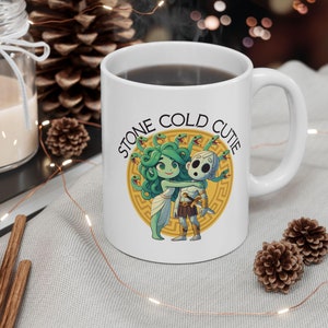 Cute Medusa 11oz and 15oz Mug | Greek Mythology-Inspired Coffee Cup Featuring Funny Gorgon Embracing Greek Warrior | Stone Cold Cutie Mug