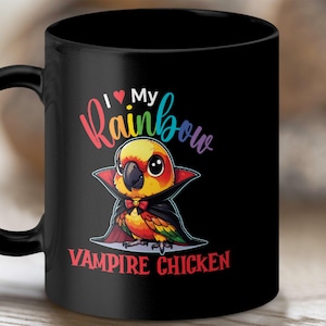 Sun Conure Mug: Rainbow Vampire Chicken, Funny Parrot Lover Gift