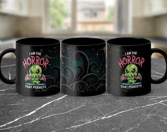 Tasse à café noire Cthulhu de 11 oz | Coupe de l'horreur « Je suis l'horreur qui persiste » avec