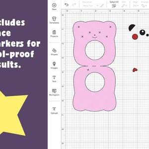 Puede incluir: Una tarjeta rosa en forma de oso con dos c&iacute;rculos recortados para una foto o un mensaje. La tarjeta est&aacute; dise&ntilde;ada para doblarse por la mitad. El oso tiene ojos negros y una nariz negra. Hay peque&ntilde;as cruces negras en la cara y el cuerpo del oso.