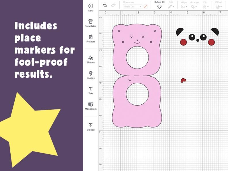 Puede incluir: Una tarjeta rosa en forma de oso con dos c&iacute;rculos recortados para una foto o un mensaje. La tarjeta est&aacute; dise&ntilde;ada para doblarse por la mitad. El oso tiene ojos negros y una nariz negra. Hay peque&ntilde;as cruces negras en la cara y el cuerpo del oso.