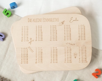 Può includere: Un tagliere di legno con il titolo "Das Kleine Einmaleins" e le tabelline di moltiplicazione per i numeri da 1 a 10. Il tagliere è personalizzato con il nome "Emilie".