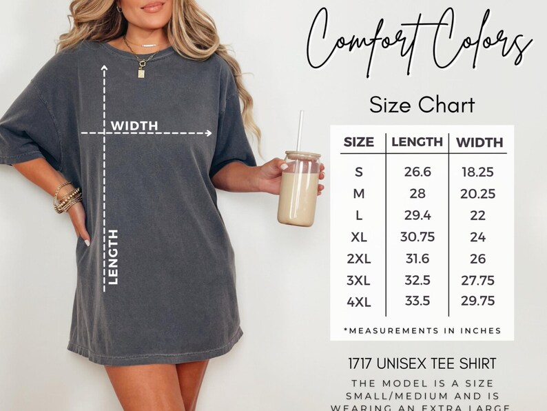 Peut inclure: Tableau des tailles pour un t-shirt unisexe en diff&eacute;rentes tailles, avec des mesures en pouces pour la longueur et la largeur. Le mannequin porte un t-shirt taille S/M et un t-shirt taille XL.