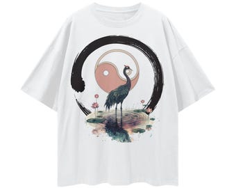 Conscious Streetwear | Crane Zen T-Shirt | Zen Graphic Tee | Unisex Loose Fit Lightweight Cotton Top | Spirituality Gift | Spiritual Shirt
