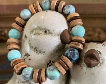 Aqua Terra Jasper, Coconut and Bone Beaded Stretch Bracelet 7"