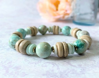 Mongolian Turquoise Beads, Bone, Coconut, and Hematite Spacers Beaded Stretch Gemstone Bracelet 7.25" Mint Green Wisdom, Communication