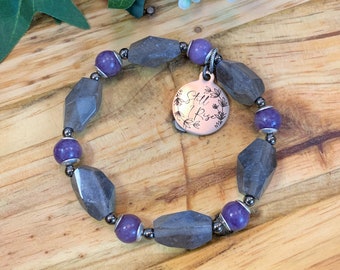 Faceted Labradorite and Lepidolite Beaded Stretch Gemstone Bracelet 7.25" With Charm Still I Rise