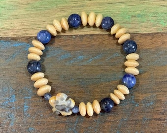 Dumortierite, Bone, and Crazy Lace Agate Stretch Beaded Gemstone Bracelet 7"