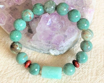 Prase and Amazonite Beaded Sretch Gemstone Bracelet 7"