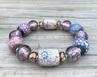 Super Unique Stretch Bracelet with Handmade Ceramic and Vintage Glass Beads Blue Purple Pink 7"