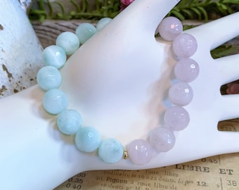 Faceted Green Angelite and Rose Quartz Beaded Stretch Gemstone Bracelet 7" Pink Green Calming Love