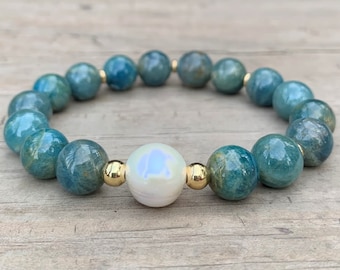 Pretty Apatite and Freshwater Baroque Pearl Stretch Beaded Gemstone Bracelet - Clarity - 7.25&quot;