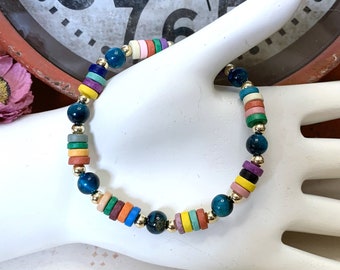 Fun, Colorful Greek Ceramic Washer Beads With Blue Tiger's Eye Beaded Stretch Bracelet 7" Blue Multicolor