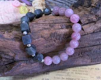 Madagascar Rose Quartz and Dark Labradorite Cube Beaded Stretch Gemstone Bracelet Gray Black Pink 7"