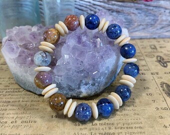 Dumortierite, Flower Ocean Jasper, and Bone Beaded Stretch Gemstone Bracelet 7" Blue Brown