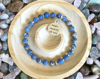 Mini Blue Imperial Jasper Beaded Stretch Jasper Bracelet with Charm that says 'maybe swearing will help.' 7" Blue Silver