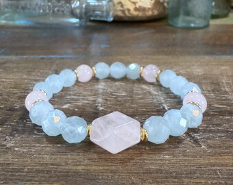 Rose Quartz and Aquamarine Beaded Stretch Gemstone Bracelet Pink Blue Tranquility, Serenity, Inner Peace, Love, Kindness, Healing