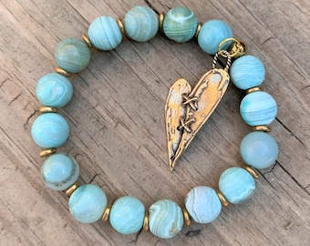 Seafoam Striped Agate with Artisan Brass Charm Beaded Gemstone Stretch Bracelet 7&quot;