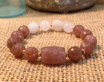 Faceted Strawberry Quartz, Rose Quartz, and Brass Beaded Stretch Gemstone Bracelet 7"