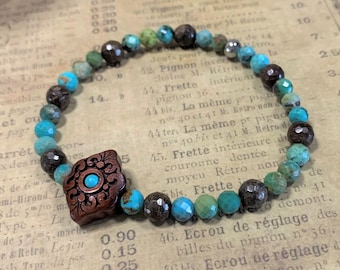 Faceted Turquoise and Faceted Bronzite Beaded Stretch Gemstone Bracelet with Sandalwood Focal Bead 7"