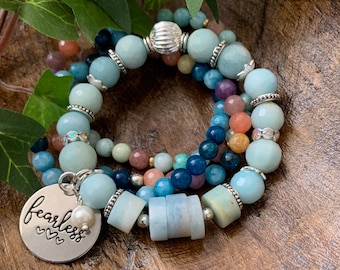 Chunky Amazonite Beaded Stretch Gemstone Bracelet with "Fearless" Charm and Pearl Accent 7" Blue Silver