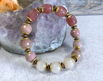 Strawberry Quartz, Rhodonite, Pink Aventurine and Mixed Metals Beaded Stretch Gemstone Bracelet 7" Serenity, Wisdom, Love