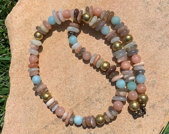 Mostly Moonstone, Amazonite, Sunstone, and Brass Beaded Gemstone Necklace 20"