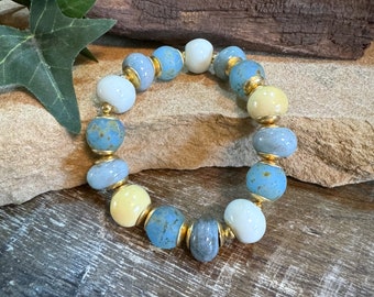 Czech Glass, Handmade Ceramic Beads, Stretch Beaded Bracelet 7.25" Blue Green Yellow Gold