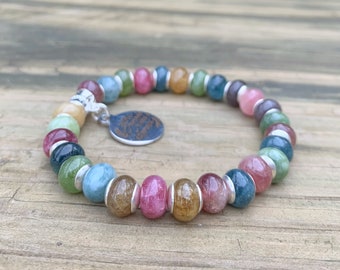 Watermelon Tourmaline Rondelles with Silver Beaded Stretch Gemstone Bracelet 7" Charm 'you were made to make a difference' multicolor