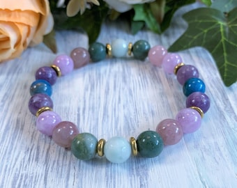 Multicolor Multi-stone Beaded Stretch Gemstone Bracelet 7" Green Blue Pink Purple