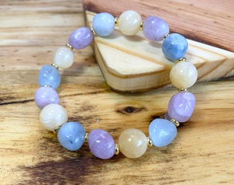 Pastel Stone Nugget Bracelet 7" Citrine, Aquamarine, Lavender Amethyst Creativity, Serenity, Joy Blue Yellow Purple