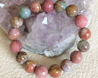 Faceted Rhodonite and Smooth Ocean Jasper Beaded Stretch Gemstone Bracelet