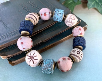 Super Chunky Stretch Bracelet with Handmade Pottery Beads, Javanese Glass Beads, Greek Ceramic Beads and Brass Bead Caps. 7&quot;