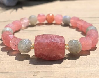 Mostly Strawberry Quartz With a Side of Labradorite Beaded Gemstone Stretch Bracelet 7"