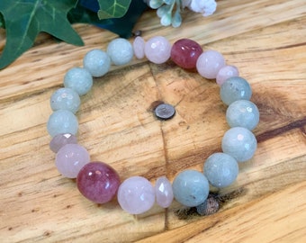 Burma Jade, Madagascar Rose Quartz, Rose Quartz, and Strawberry Quartz Beaded Stretch Gemstone Bracelet 7" Green Pink Red