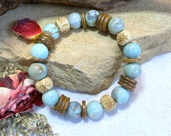 Aqua Terra Jasper, Carved Bone, and Wood Beaded Stretch Gemstone Bracelet 7" Blue Cream Brown Inner peace, Clarity, Love