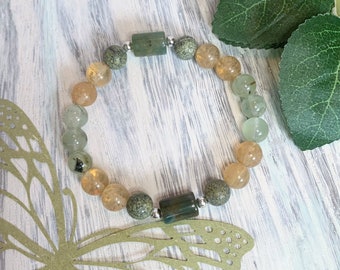 Prehnite, Citrine, Russian Serpentine, and Indian Agate Beaded Stretch Gemstone Bracelet 7" Green Yellow