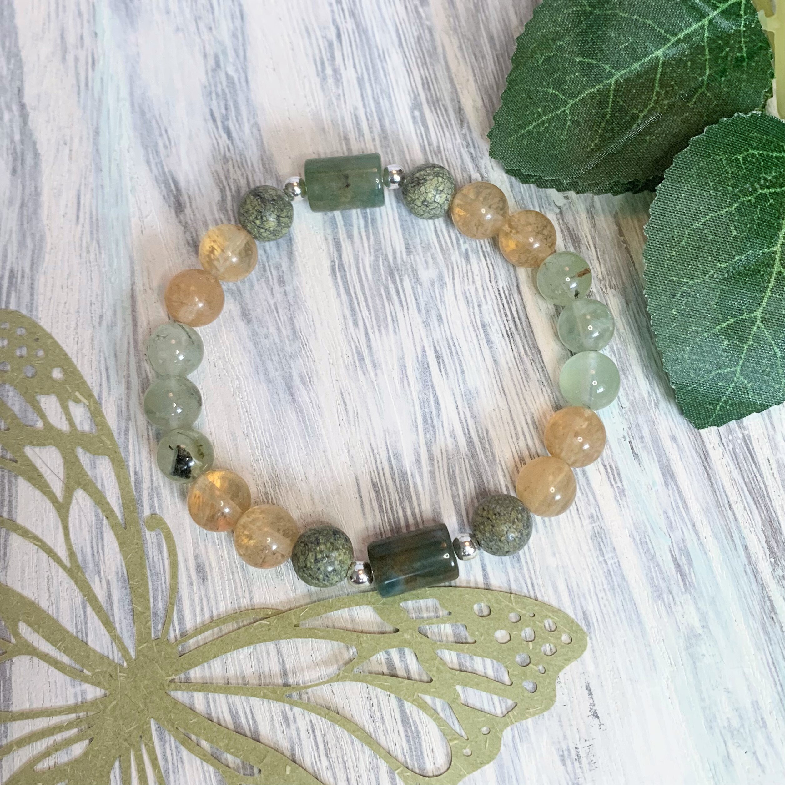 Prehnite, Citrine, Russian Serpentine, and Indian Agate Beaded Stretch Gemstone Bracelet 7" Green Yellow