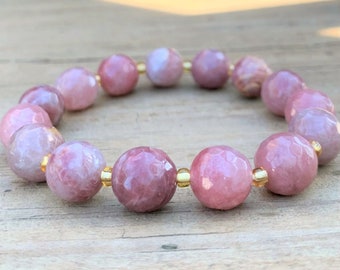 Faceted Strawberry Quartz Gemstone Beaded Stretch Bracelet 7"