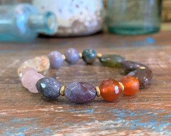 Unique Beaded Stretch Bracelet With 3 Shapes of Indian Agate, Citrine, Carnelian, and Madagascar Rose Quartz 7" Green Pink Orange