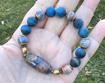 Matte Blue Tiger's Eye, Hand Painted Tibetan Agate, and Brass Beaded Stretch Gemstone Bracelet 7" Blue Stability, Grounding Strength Courage
