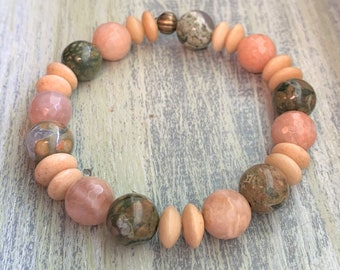 Rhyolite and Sunstone Beaded Stretch Gemstone Bracelet 7”