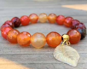 Faceted Red Creek Jasper and Carnelian Beaded Gemstone Stretch Bracelet 7"