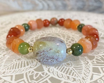 Colorful Mostly Carnelian Slices With Ocean Jasper Focal Beaded Stretch Gemstone Bracelet 7.25&quot;