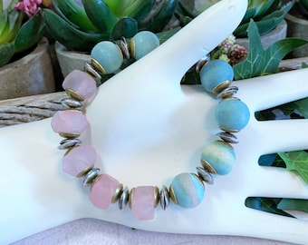 Pretty Pink and Blue Ceramic and Glass Beaded Stretch Bracelet 7"