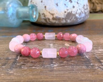 Pretty in Pink Rose Quartz, Rhodonite, Strawberry Sorbet Jade and White Jade Beaded Stretch Gemstone Bracelet 7.25"